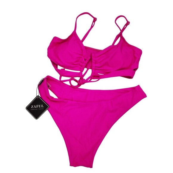 Zaful Womens Pink Ruched Bikini Set With Adjustable Straps & Tie Back Size S - Picture 3 of 7